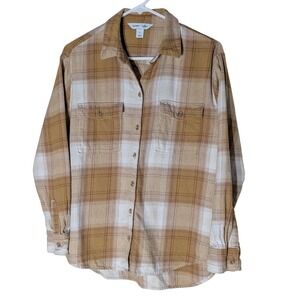 Old Navy Boyfriend‎ Shirt Winter Brown Tan Plaid Flannel Button Up Womens Medium